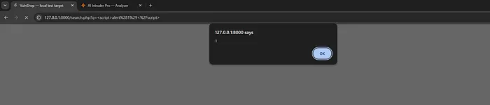 The alert firing, confirming reflected XSS